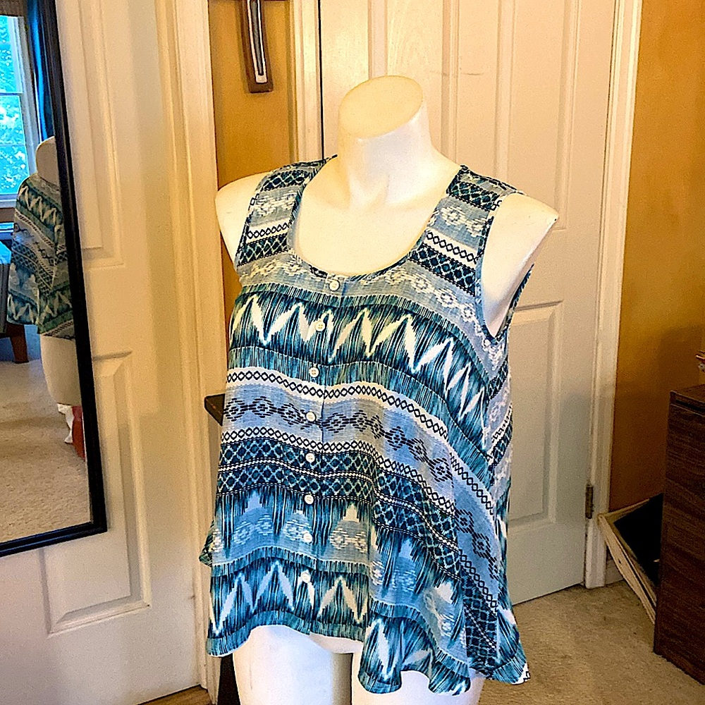 PL STYLE & CO NWT SLEEVELESS BUTTON BLOUSE SCOOP NECK TURQUOISE WHITE ABSTRACT